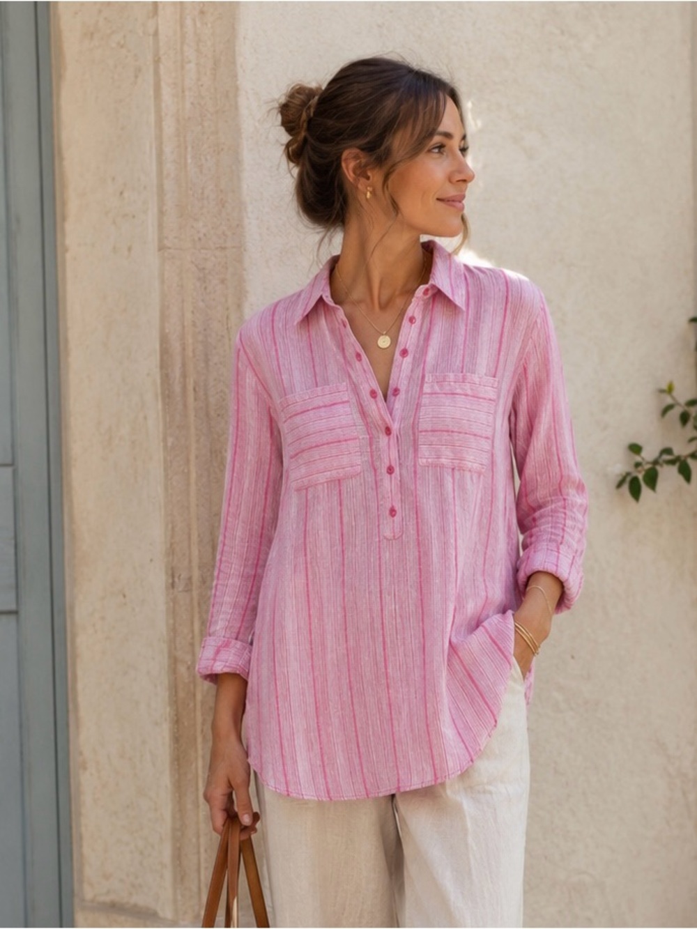 Michael Kors Linen-Blend Pink Striped Button-Down Tunic